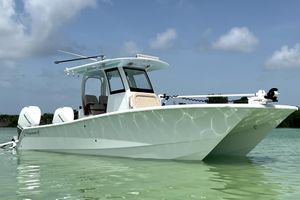 Freeman 28 2024 Freeman 28 boat on calm water, featuring twin engines and sleek design.