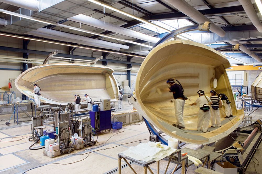 Fiberglass boat building mold, showing the construction of a fiberglass boat