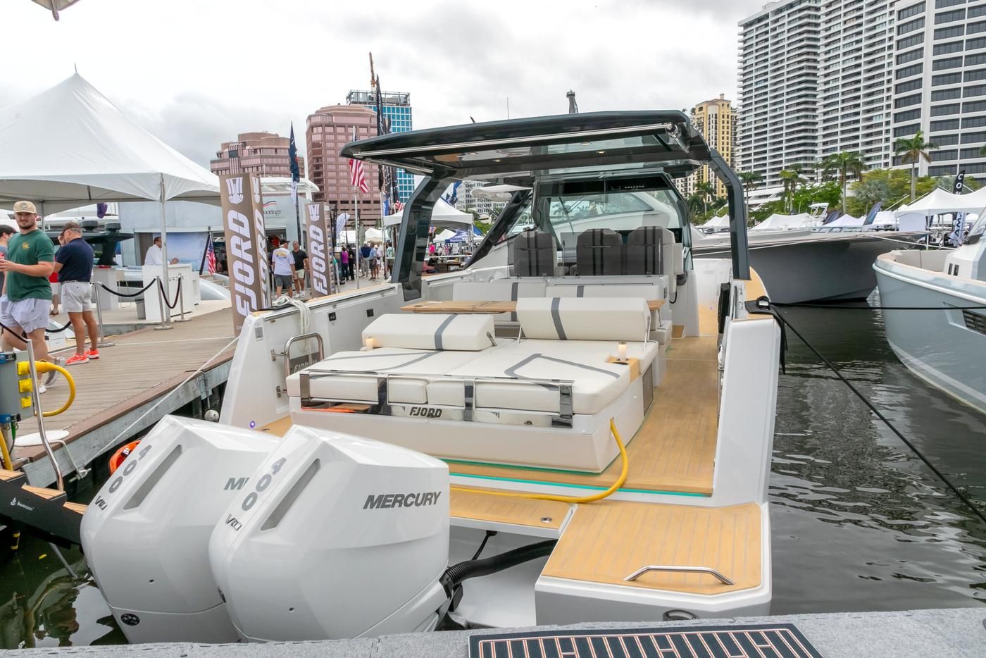 Twin Mercury Outboards on Fjord 39 XP boat