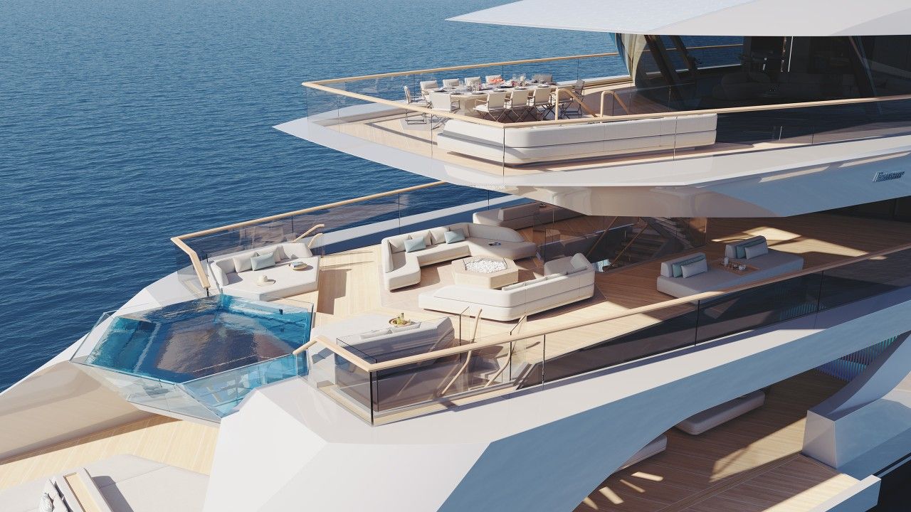 Concept C by Feadship's Aft-facing swimming pool and social areas. 