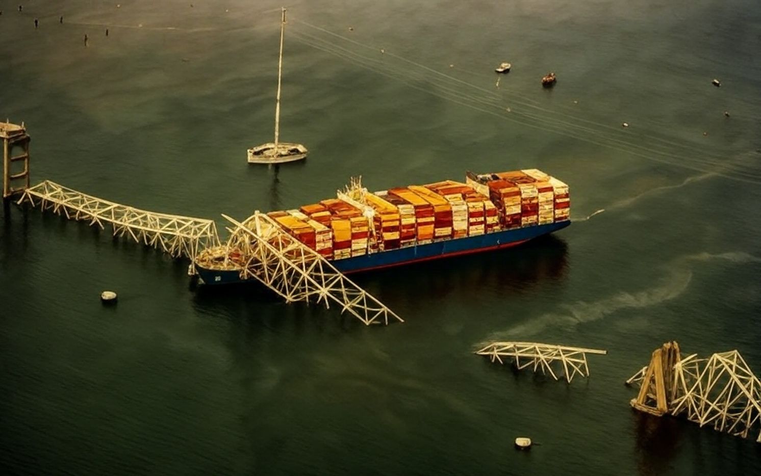 Dramatic nighttime collapse of Baltimore's Francis Scott Key Bridge into the Patapsco River on March 26, 2024, after a collision with the container ship Dali, claiming six lives.